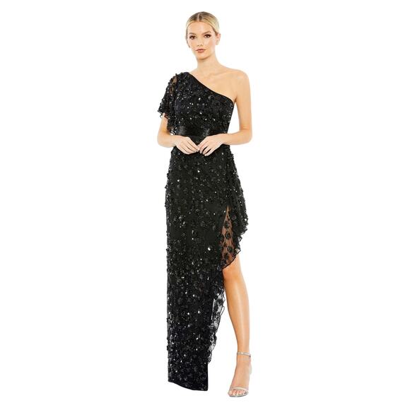 Mac Duggal NWT One Shoulder Beaded Asymmetrical Hem Gown in Black Size 6 - Picture 1 of 7